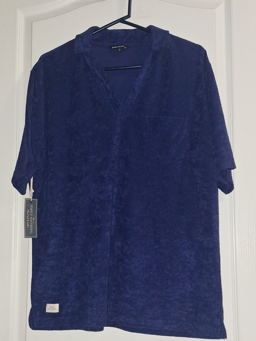 Simply Southern Plush Navy Terry Short Sleeve Top Sz Large